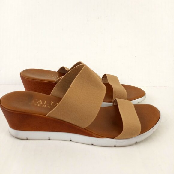 Italian Shoemakers Tan Stretch Strap Wedge Slip On Sandals - Picture 2 of 9